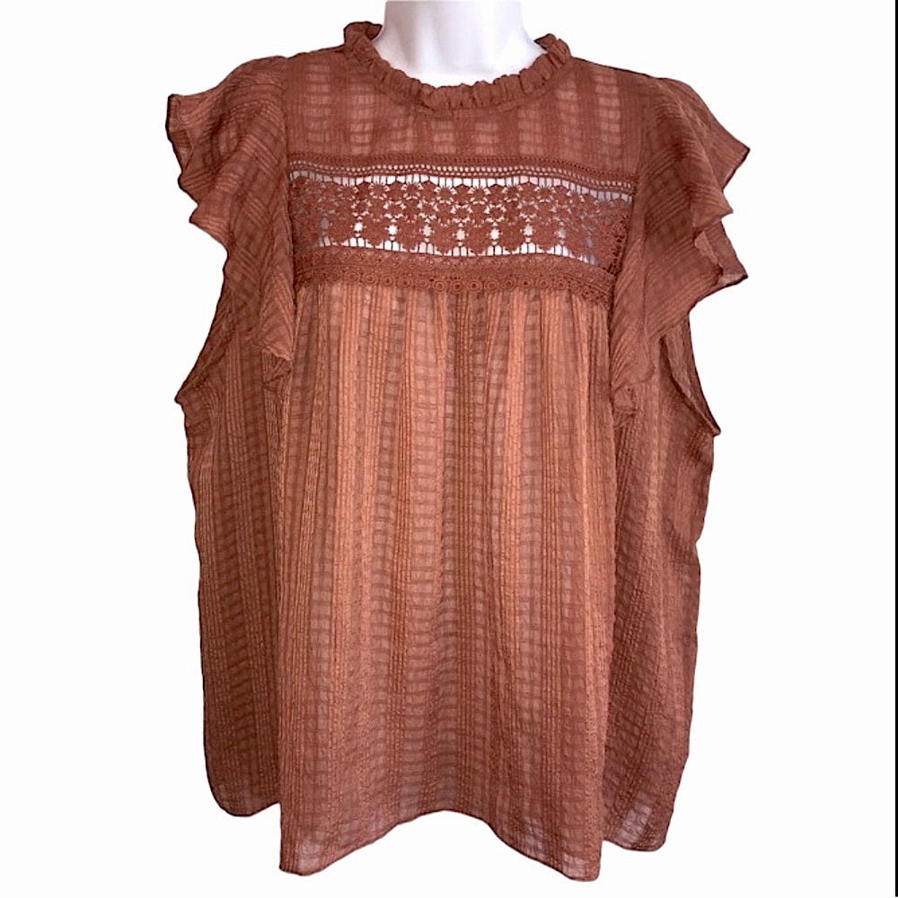 Rust color boho babydoll style hi neck flutter sleeve top blouse sz 2X in EUC